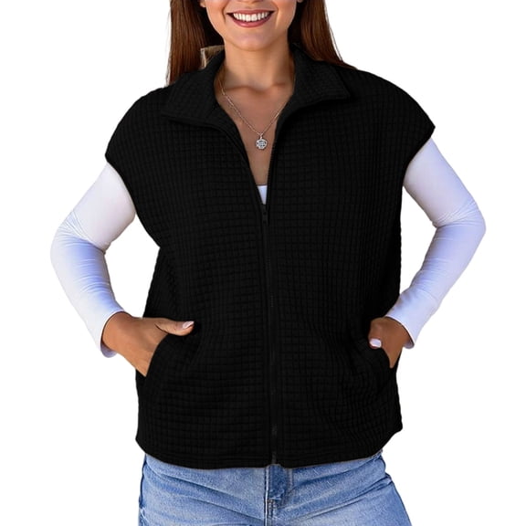 Contemporary Womens Vest Tops Knit Sleeveless Oversized Vests Zipper Up Cap Sleeve Side Pockets