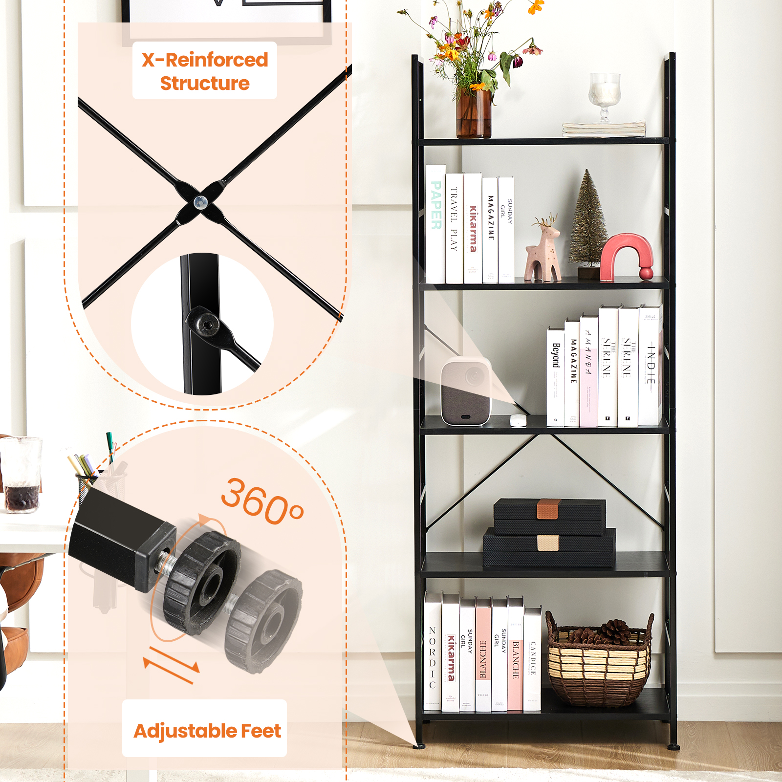 Aukfa 5 Tier Bookcase, Tall Bookshelf Storage Organizer for Home Office, Wood & Metal, Black
