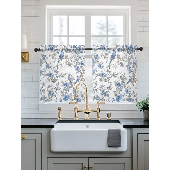 Blue Floral Birds Sheer Kitchen Tier Curtains 24 Inch length, Rod Pocket Half Curtains Short Drapes, Farmhouse Flowers Pastoral Light Filtering Chiffon Small Window Treatments 2 Panels 27.5"W x 24"L