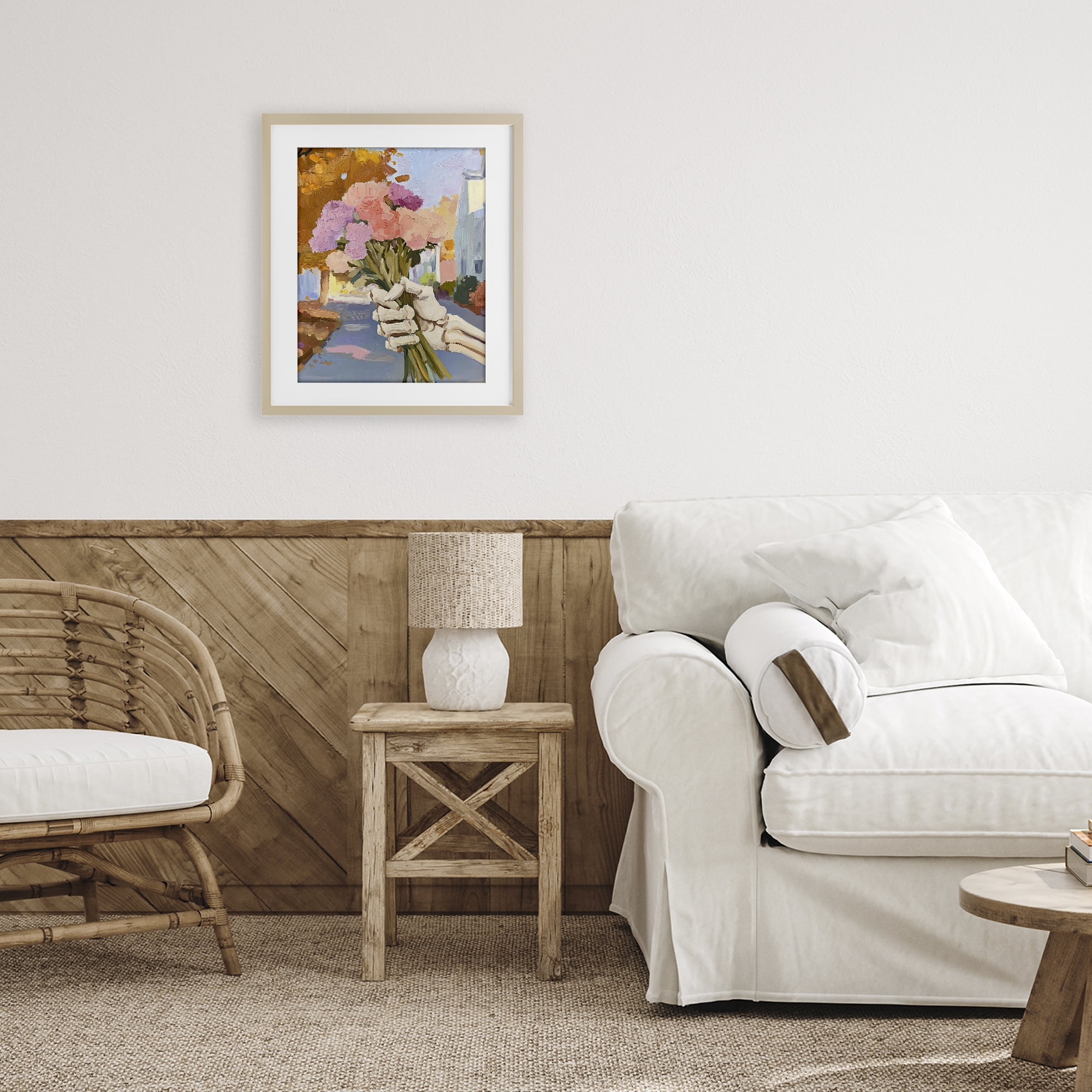 Stupell Industries Skeleton Hand Holding Flowers Birch Framed Print Under Glass, design by The Prints Vibe
