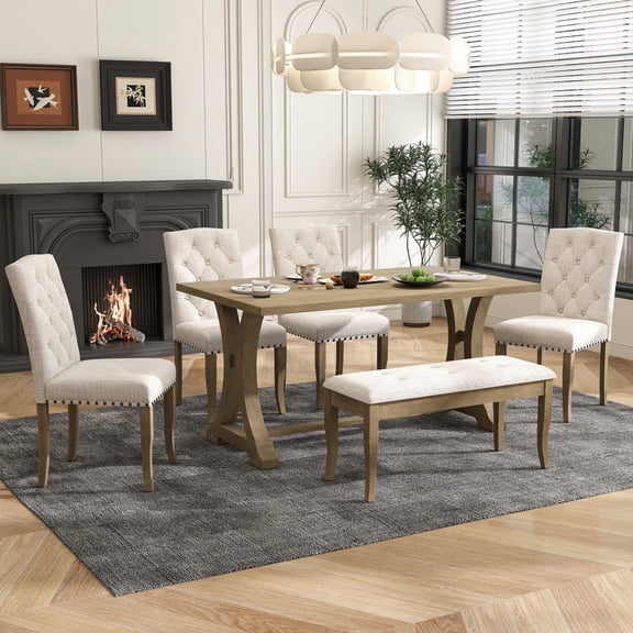 6-Piece Farmhouse Dining Table Set, Rectangular Trestle Table and 4 Upholstered Chairs & Bench for Dining Room, Easy Assemble, Natural