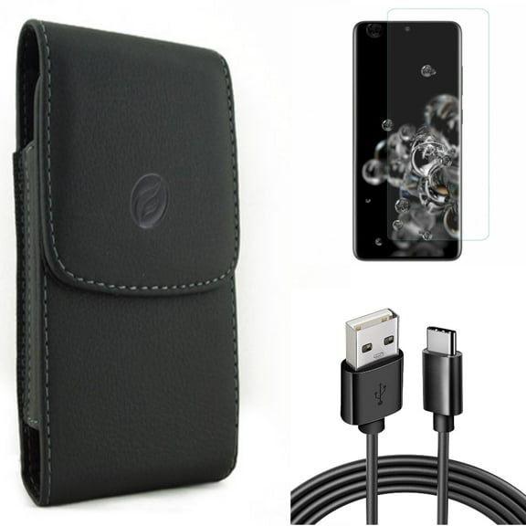 6ft USB Cable w Screen Protector w Case Belt Clip for Samsung Galaxy S20 Ultra - Type-C Charger Cord Power, Tempered Glass [Fingerprint Unlock] 3D Curved Edge, Leather Holster fits Galaxy S20 Ultra
