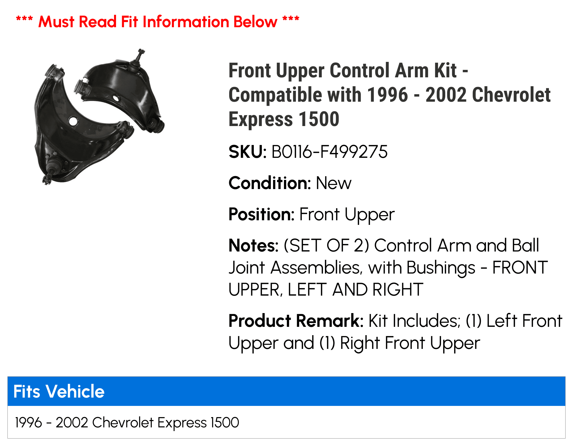 Front Upper Control Arm Kit - Compatible with 1996 - 2002 Chevy Express 1500 1997 1998 1999 2000 2001