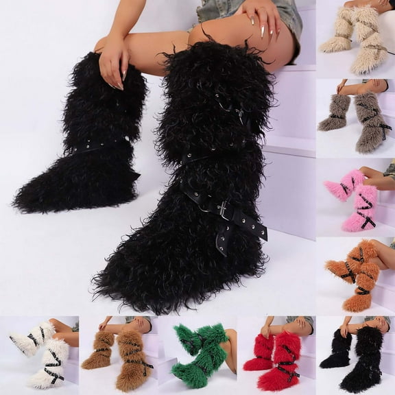 Miluxas Women's Knee-High Fluffy Snow Boots Tall Boots for Womens Long Winter Boots Fuzzy Boots Plush Warm Comfortable Outdoor Indoor Flat Shoes White 9.5(43)