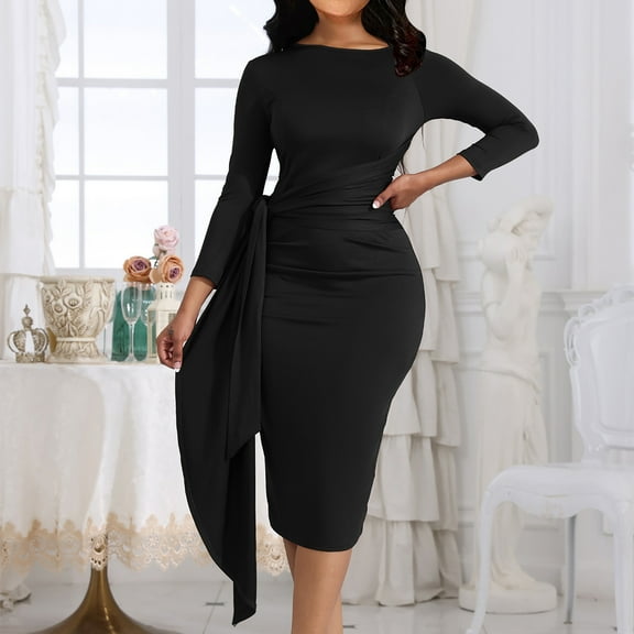 Blczomt Long Sleeve Womens Holiday Dress Ruched Black Dressy Sheath Crew Neck Solid Formal Bodycon Dress