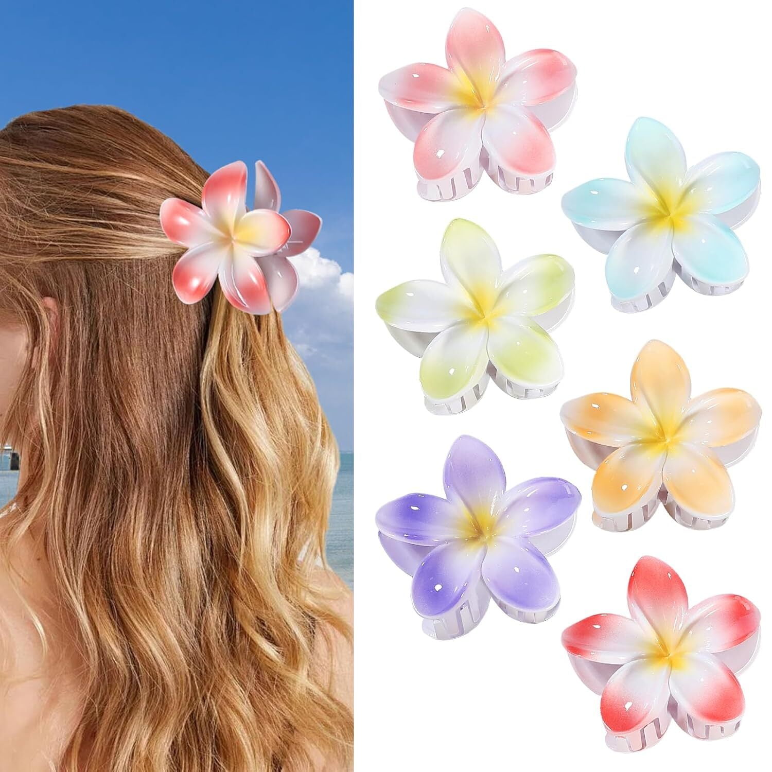 4 PCS Flower Hair Clips - Hawaiian Claw Clips for Vacation Hibiscus Hair Claw Clips Cute Large Hair Clips for Thick and Thin Hair Plumeria Hair Accessories for Women Girls, Style 2