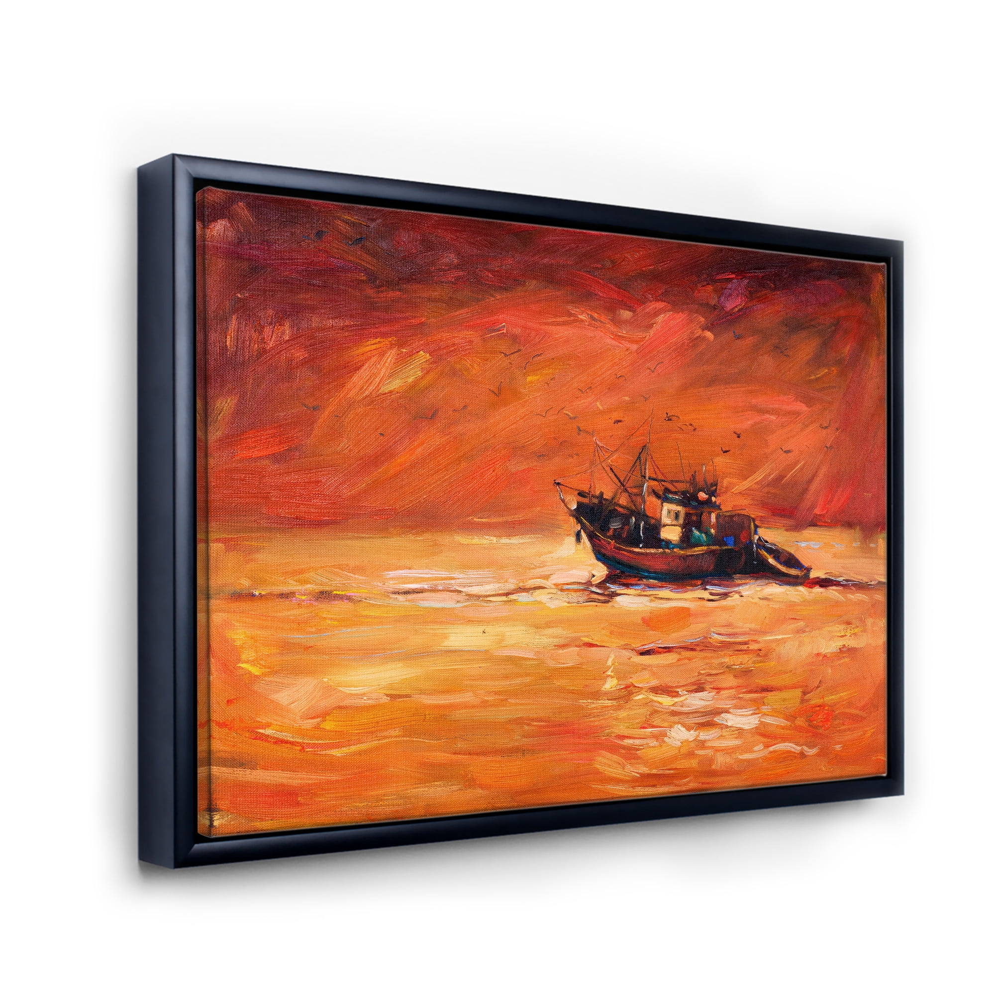 Designart 'Fishing Boat During Red Evening Glow' Nautical & Coastal Framed Canvas Wall Art Print