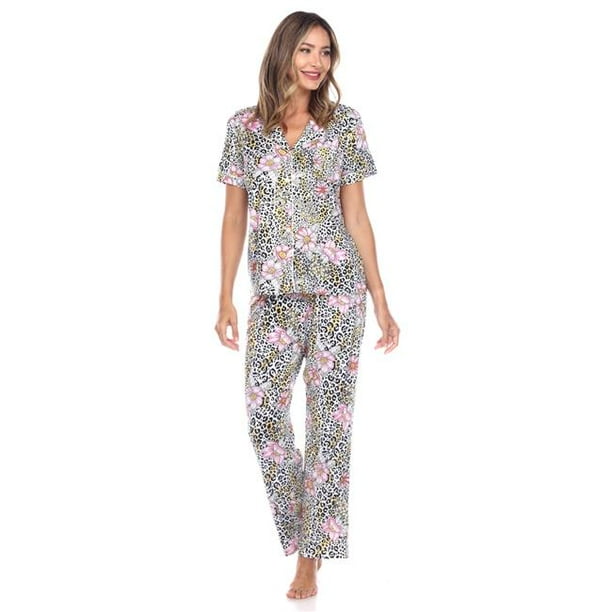 3681 16 M Womens Short Sleeve Pants Tropical Pajama Set Brown Medium Walmart