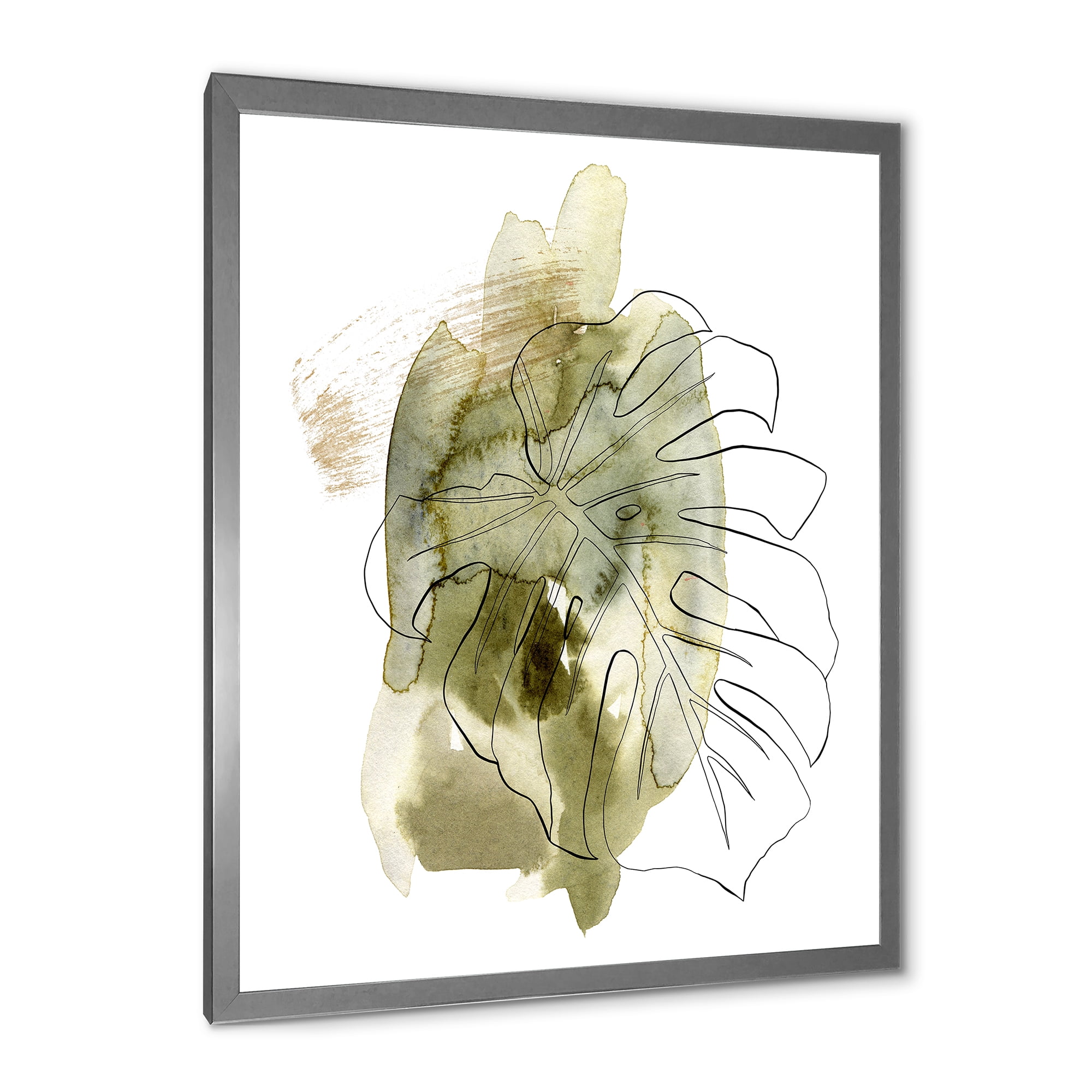 Designart 'Line Art Monstera Branch Tropical Abstract Leaves on Green' Traditional Framed Art Print