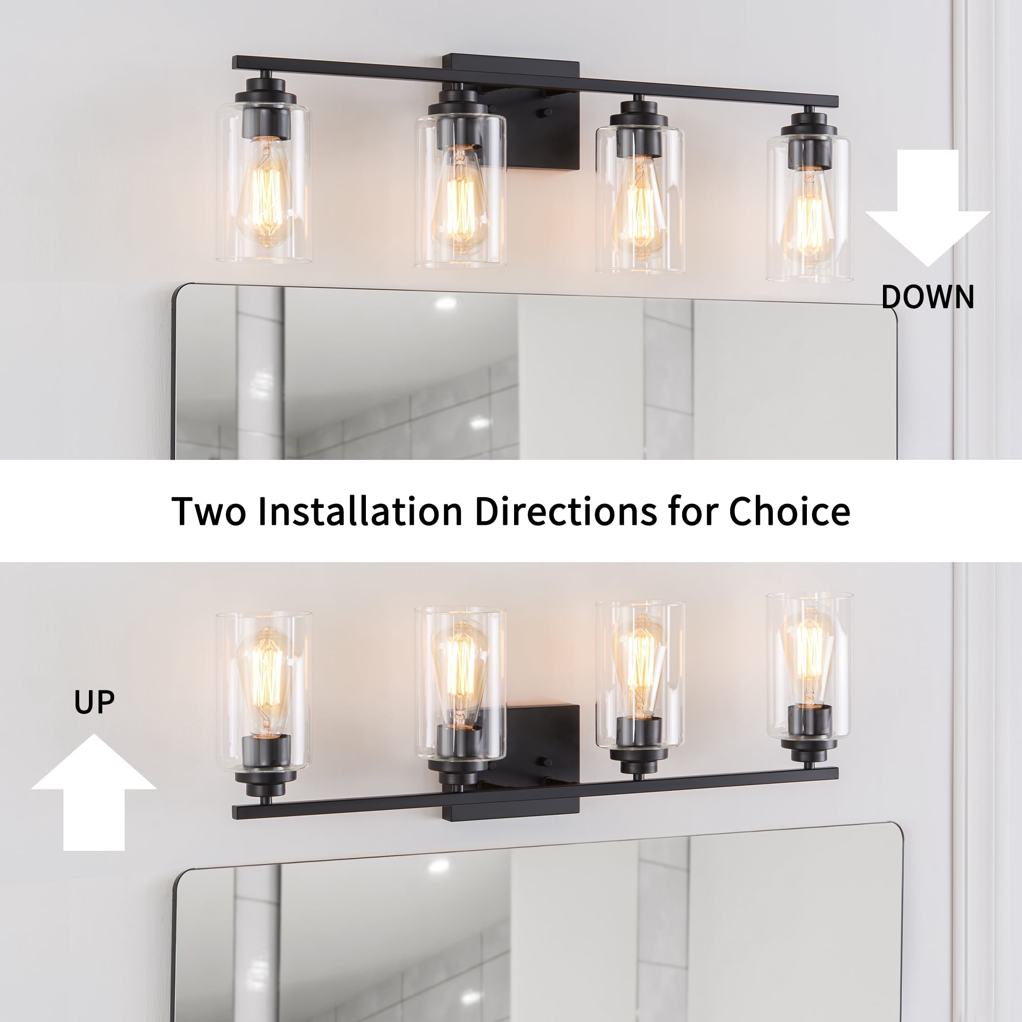 Kyrid Modern Bathroom Light Fixtures for Mirror, 4-Light Black Dimmable Vanity Light with Glass Shade, E26 Bulbs