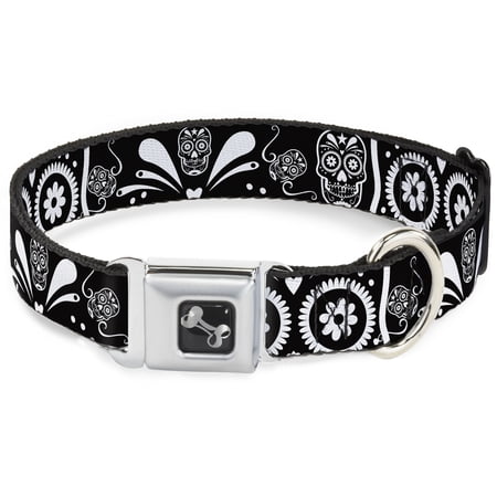 Buckle-Down Pet Collar Dog Collar Metal Seatbelt Buckle Sugar Skulls Black White 15 to 24 Inches 1.0 Inch Wide