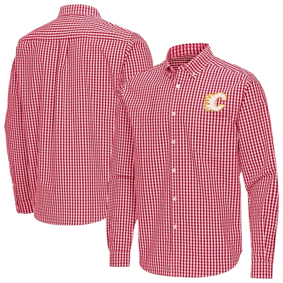 Men's Antigua Red Calgary Flames Ellis Tri-Blend Long Sleeve Button-Down Shirt