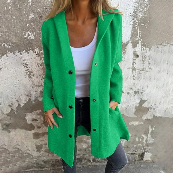 Fnooota Peacoats for Women, Double Breasted Plus Size Hooded Casual Trench Coat Green Size L