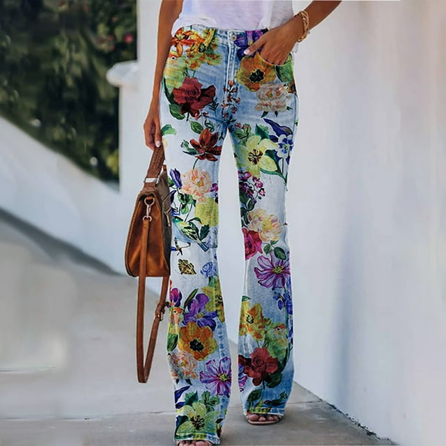 LOVZFMLL Jeans pour Femmes, Taille Élastique Extensible, Imprimé à Boutons, Pantalon Moulant Léger Extensible Multicolore, G
