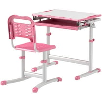 Kids Desk and Chair Set, Adjustable Height Pink Study Table with Tilt Top, Storage Drawer & Hook, Ages 6-12