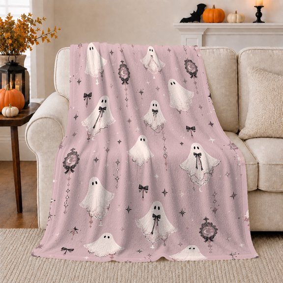 White Ghosts with Black Bows Moon Mirrors Stars and Pink decorative motif Charms, Cozy Flannel Blanket for Bedroom and decorative motif, autumn celebration Gift, Home Decor