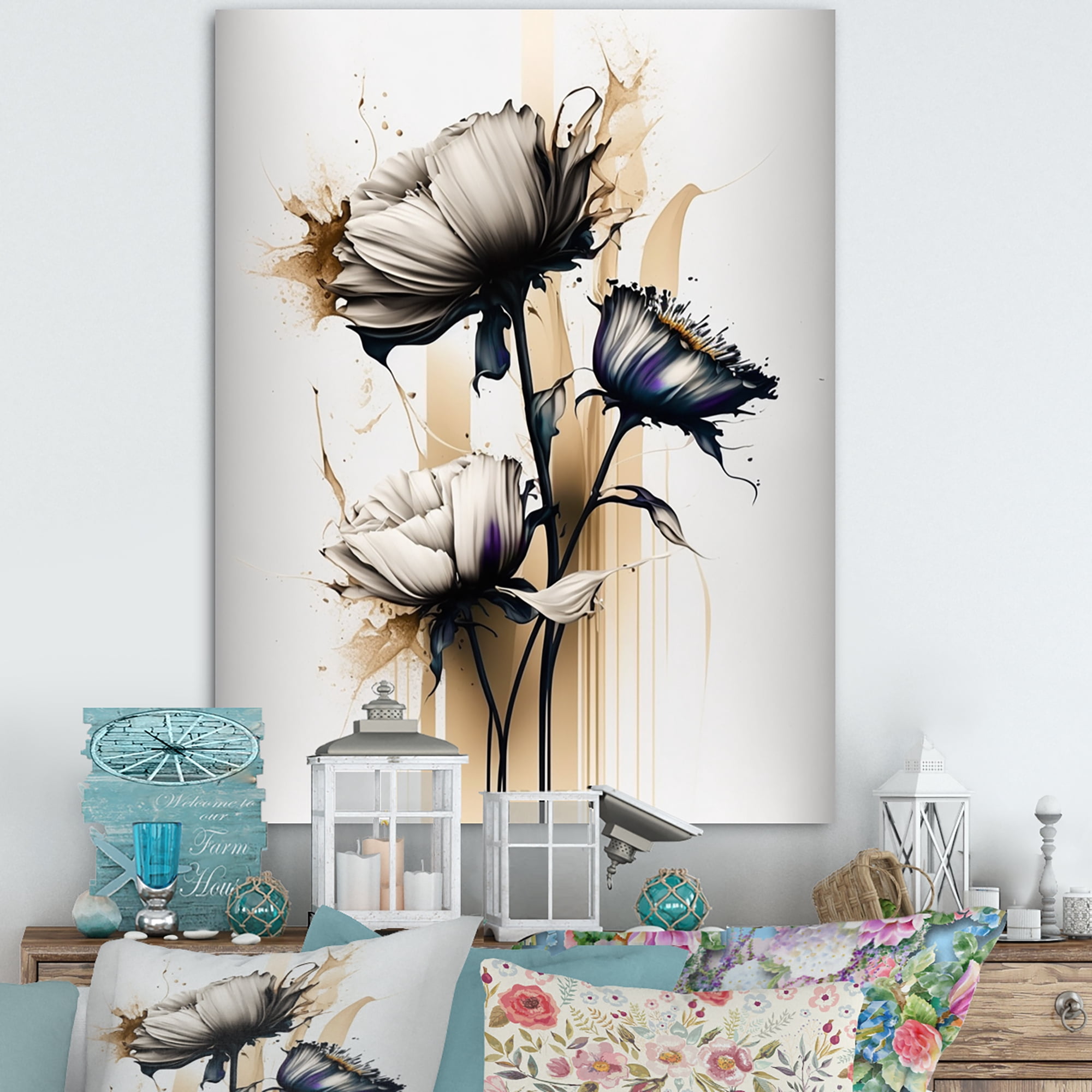 Designart White Gerbera Flower On Golden Beige Paint II Canvas Wall Art