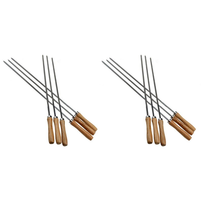 Kebab BBQ Stainless Steel Skewers with Wooden Handles Flat Reusable