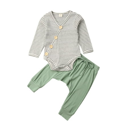 

Canrulo Newborn Baby Girl Boy Fall Winter Outfits Striped Tops Romper Pants Leggings Clothes Green 12-18 Months
