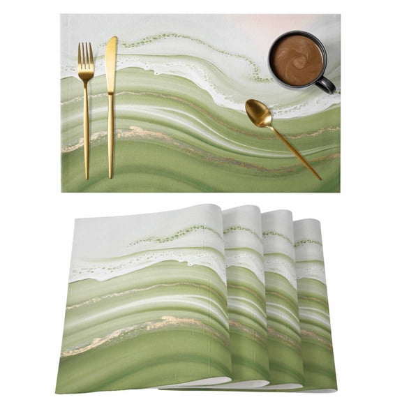 Green Abstract Placemats Set of 6, Waves Gradient Water Ripple Striped Placemats for Dining Table, Place Mats for Kitchen Tabletop, Waterproof Wipeable Dining Table Mats Set