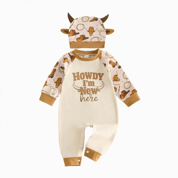 felwors Baby Boy Western Jumpsuit Hat Newborn Fall Outfit Howdy I'm New Here Newborn Coming Home Outfit Infant Cute Romper Set (12-18 Months)