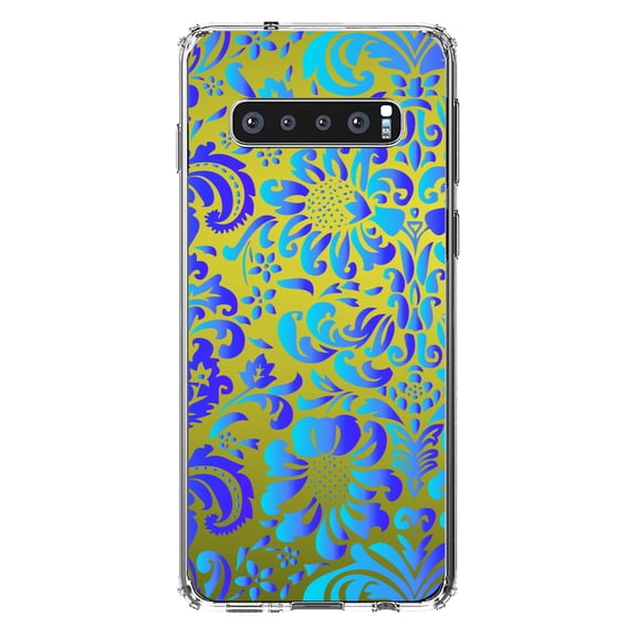 DistinctInk Clear Shockproof Hybrid Case for Samsung Galaxy S10 (6.1" Screen) - TPU Bumper, Acrylic Back, Tempered Glass Screen Protector - Green Blue Teal Floral Pattern