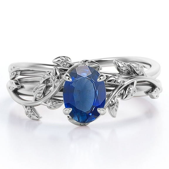 JeenMata Botany - 1.3 TCW Oval Shaped Lab Created Blue Sapphire - Four Prong Solitaire Bridal Set - 18K White Gold Plating over Silver