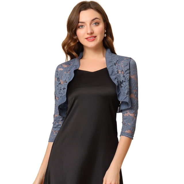 INSPIRE CHIC Boléro en Dentelle Élégant pour Femme à Col Volanté, Manches 3/4, devant