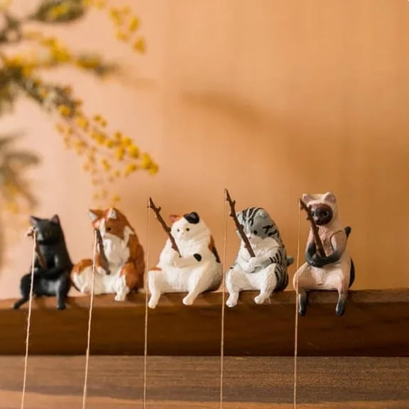 Mini Resin Figures, 5-Piece Fishing Cat Collection with Collectible Figurines and Miniature Figurines, Cat Gifts for Cat Lovers and Cat Lover Gifts for Women, Black Home decor and
