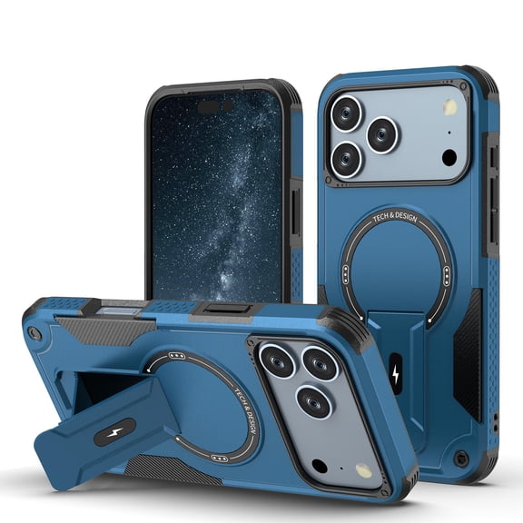 Moreoy Magnetic Armor Hard Case for iPhone 17 Pro with Kickstand, Compatible with MagSafe, Heavy Duty Shockproof Drop Protection Bumper Hybrid Protective Phone Case Cover,Dark Blue