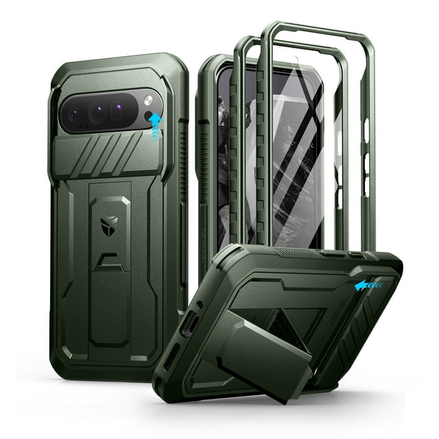 Dexnor pour Google Pixel 9 Pro TG Étui avec Cache Coulissant pour Caméra et Protecteur d'Écran Intégré et Béquille Robuste, Étui de Protection Intégrale Pare-Chocs Robuste pour Pixel 9 Pro TG 2024, Vert