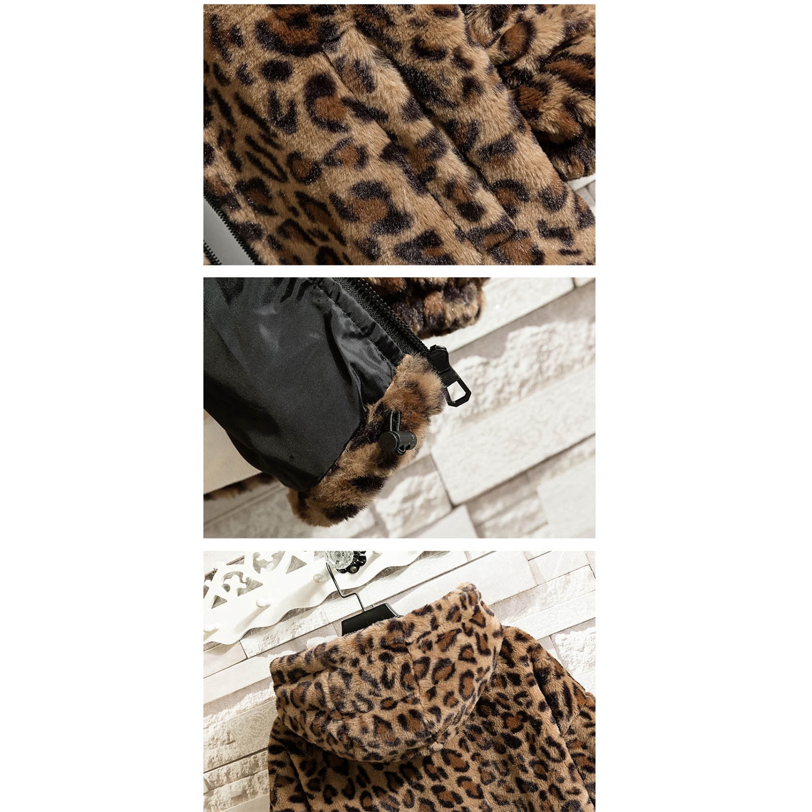 Fengqque Men's Faux Fur Leopard Hooded Jacket Shaggy Coat Zip Up