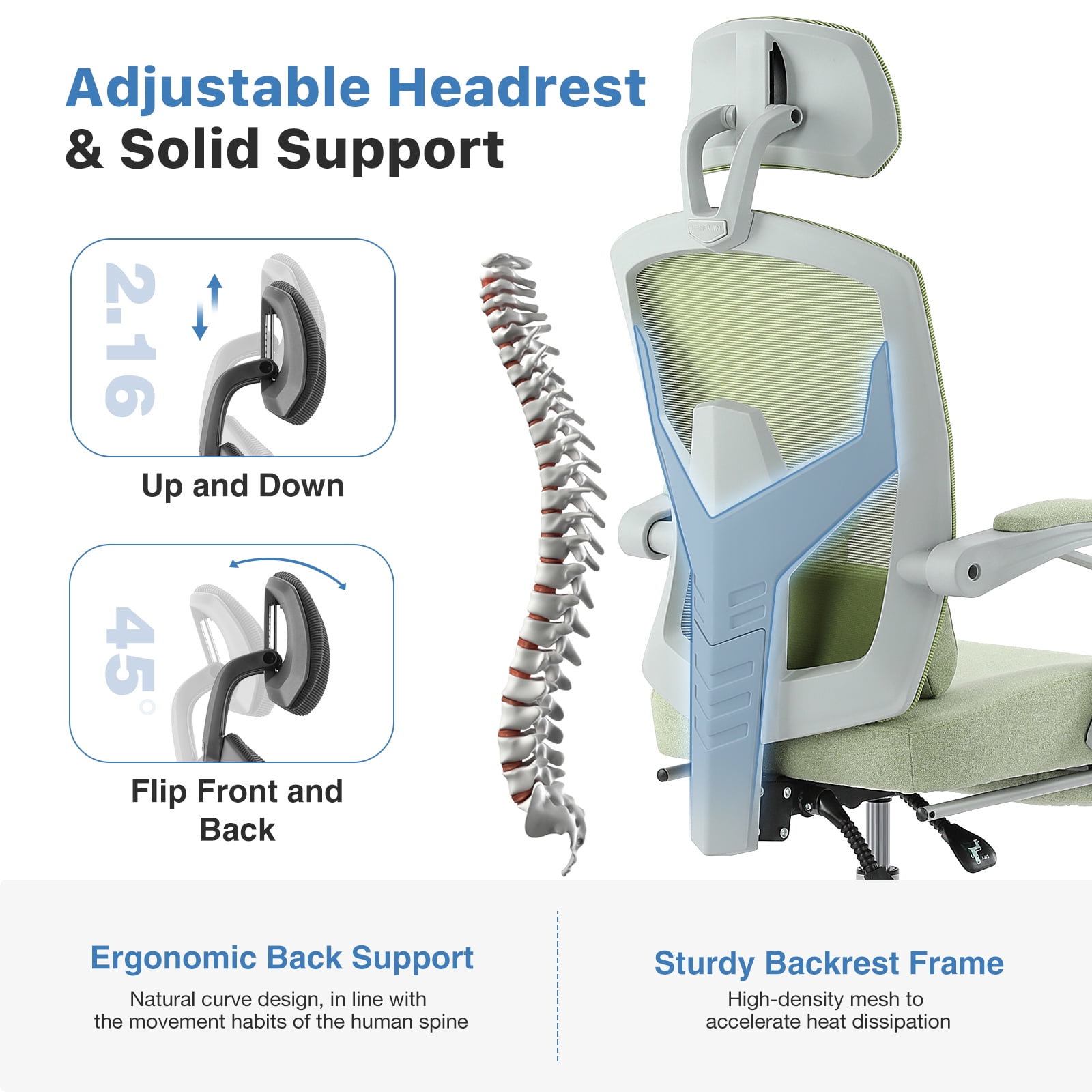 CONCETTA Ergonomic High Back Mesh Office Chair with Footrest and Armrests, Adjustable Lumbar Support, Headrest, and Reclining, Swivel Rolling Desk Chair for Home and Computer Tasks, Green