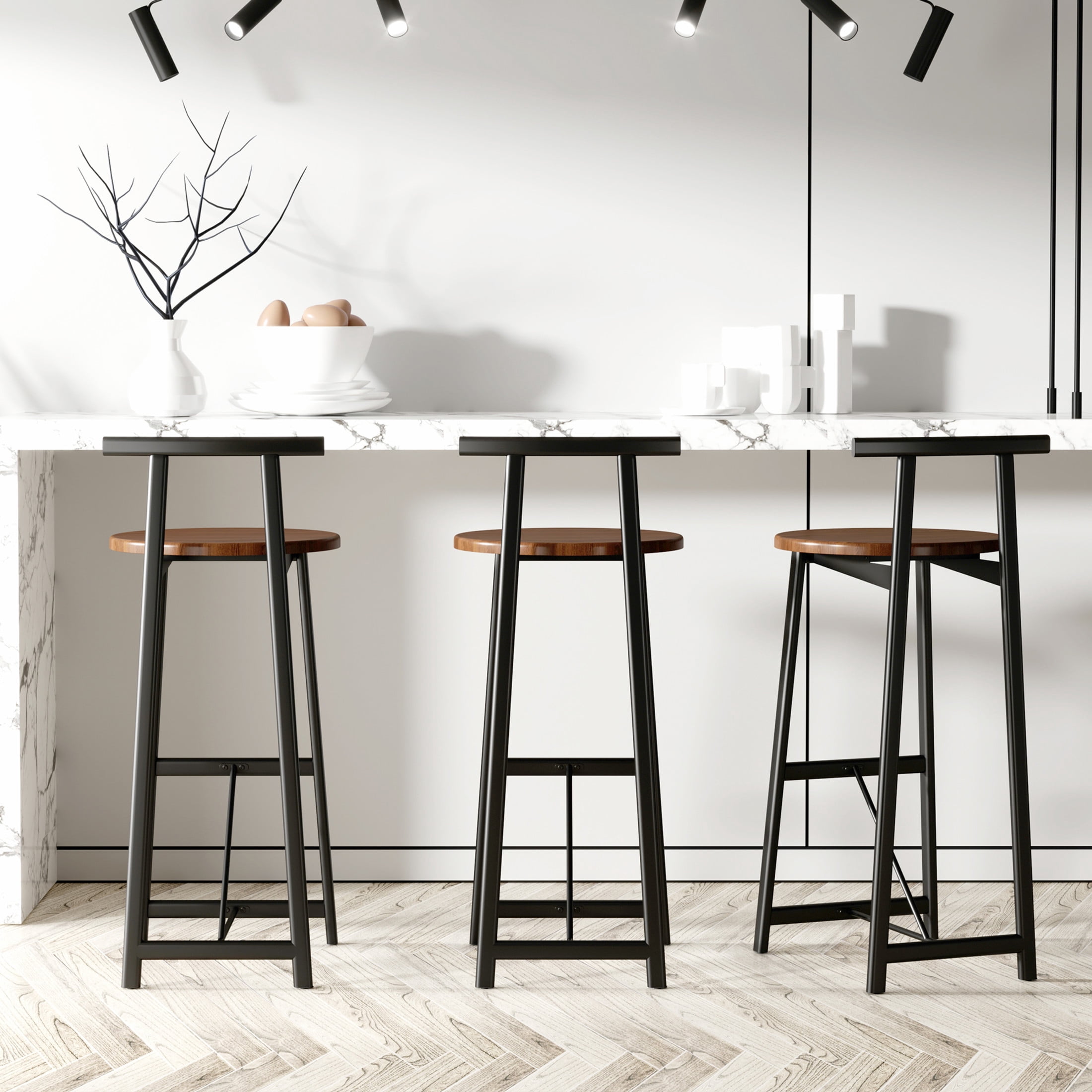 Noble House 34.25" Counter Height Bar Stools Set of 3 with Backrest & Footrest, Metal Frame, Black+Walnut