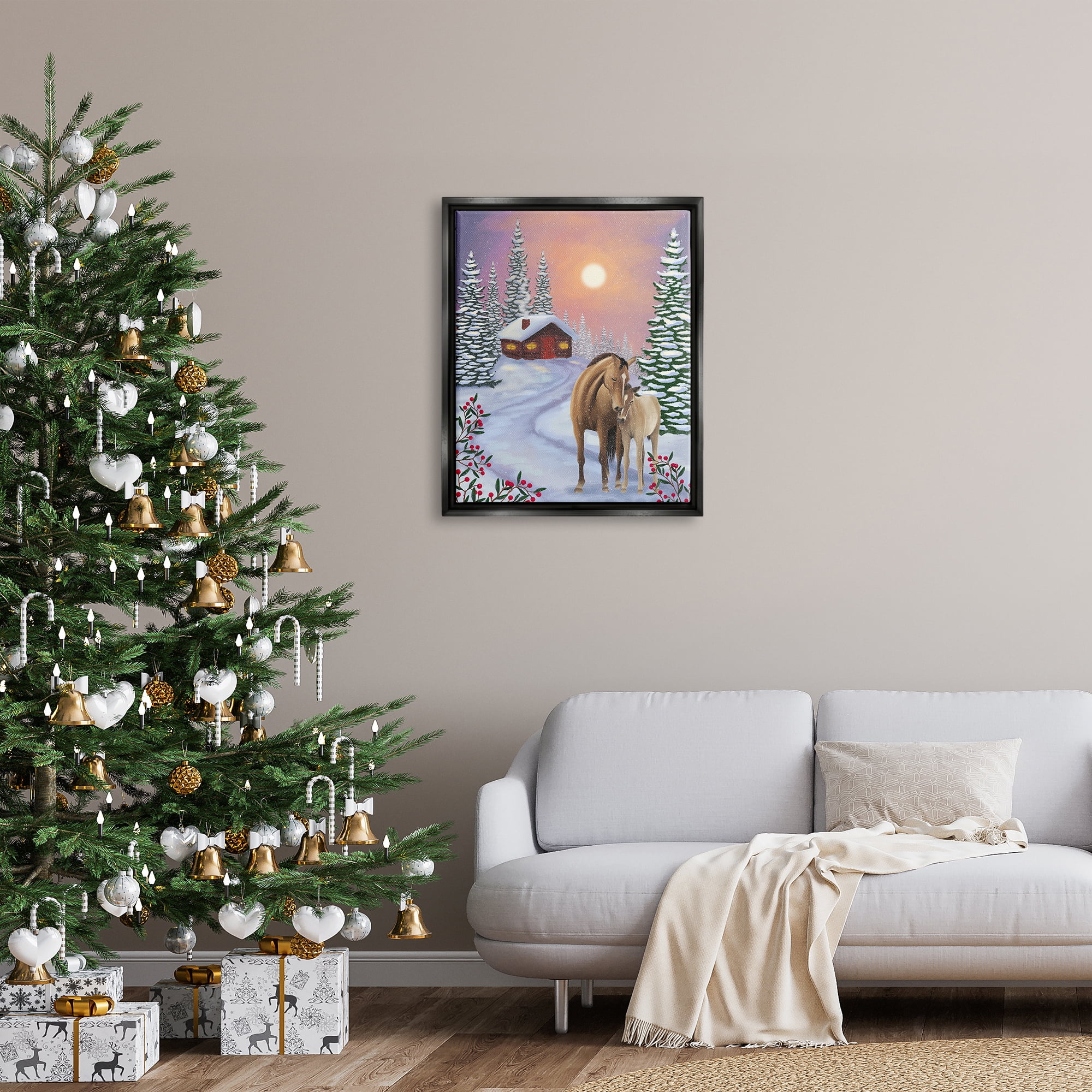 Stupell Industries Holiday Horses Winter Scene Holiday Painting Black Floater Framed Art Print Wall Art