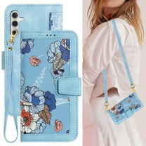 for Galaxy S25 Case, PU Leather Magnetic Closure RFID Blocking Card Slots Kickstand Shockproof Flip Wallet Handbag Flowers Case Cover with Wrist Strap Shoulder Strap for Women & Girls, Blue
