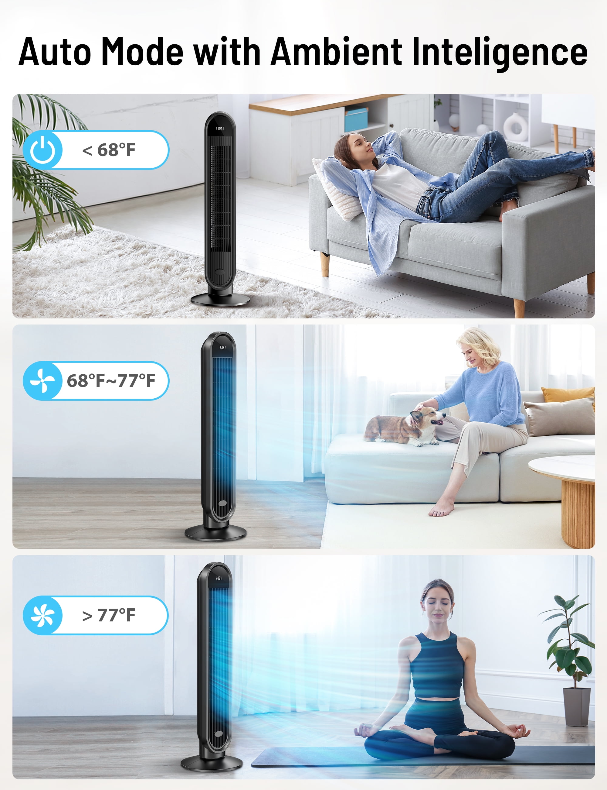 Tower Fan, 38” Oscillating Tower Fan with Remote, LED Display Cooling Tower Fan, Air Conditioner Bladeless Fan for Bedroom, Living Room, Offices & Kitchen