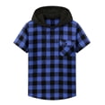 thumbnail image 7 of Mens Casual Plaid Hooded Half Button Drawstring Short Sleeve Pullover Beach Vacation Tops with Pocket, 7 of 7