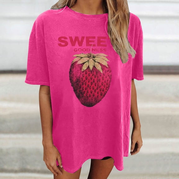 Trendfront Womens Strawberry Graphic Tee Sweet Retro Outfits Crewneck Short Sleeve Loose Fit T Shirts Drop Shoulder Fruit Printed Tops