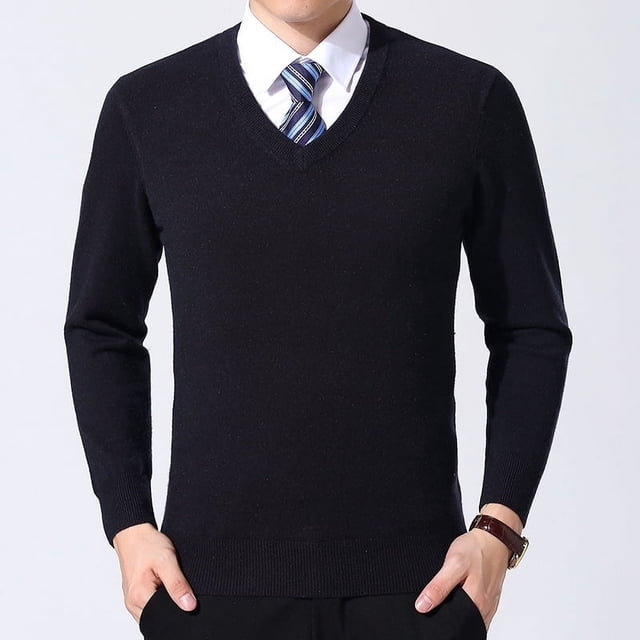 Suéter acolchado con cuello en V para hombre de mediana edad de otoño e invierno, color sólido, para usar en el exterior, camisa de base de punto interior