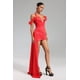 thumbnail image 5 of Vestido Lala Bellabarnetten Mini satinado con cuello halter y plumas, color rojo, 5 of 7