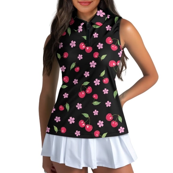 Pzuqiu Cherry Print Sleeveless Sport Shirts for Women Size 2XL Personalized Athletic Casual Golf Tops Racerback Workout Pullovers Athletic Clothes Stretchy for Everyday Wear