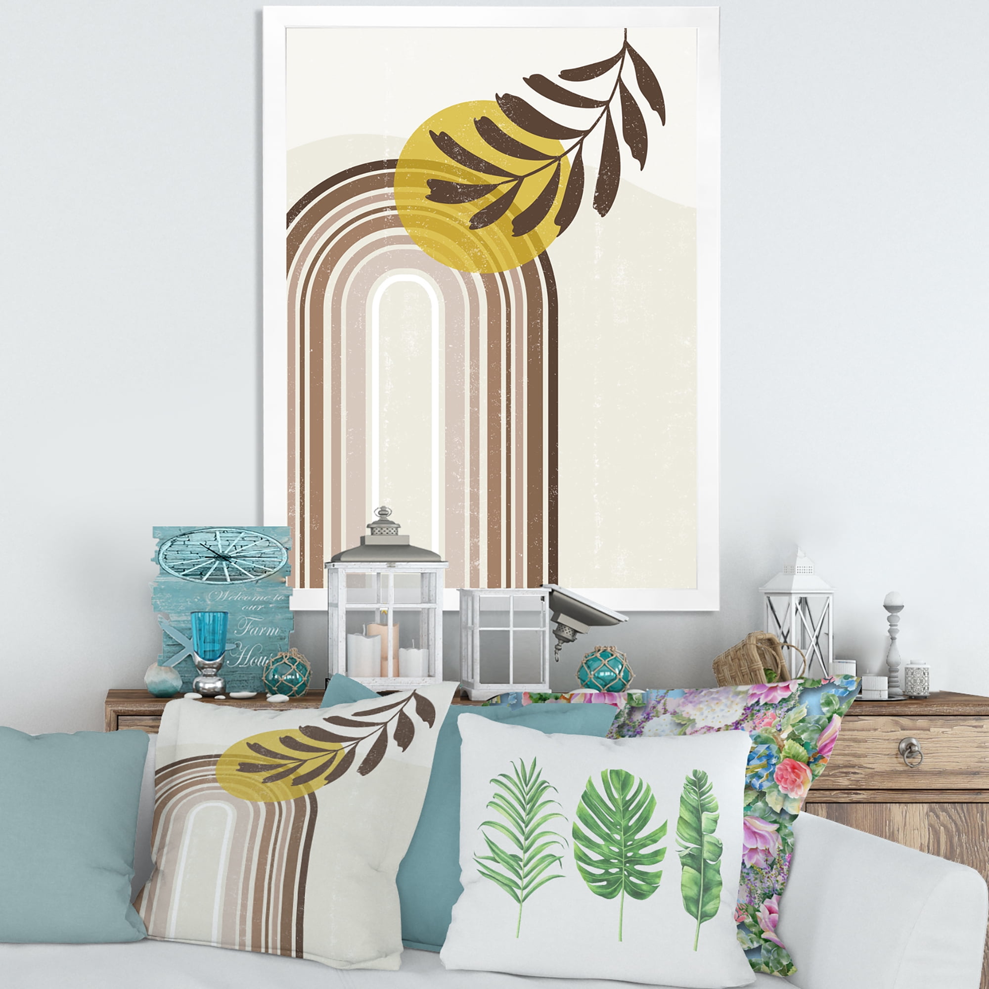 Designart 'Abstract Moon and Sun With Leaf In Earth Tones' Modern Framed Art Print