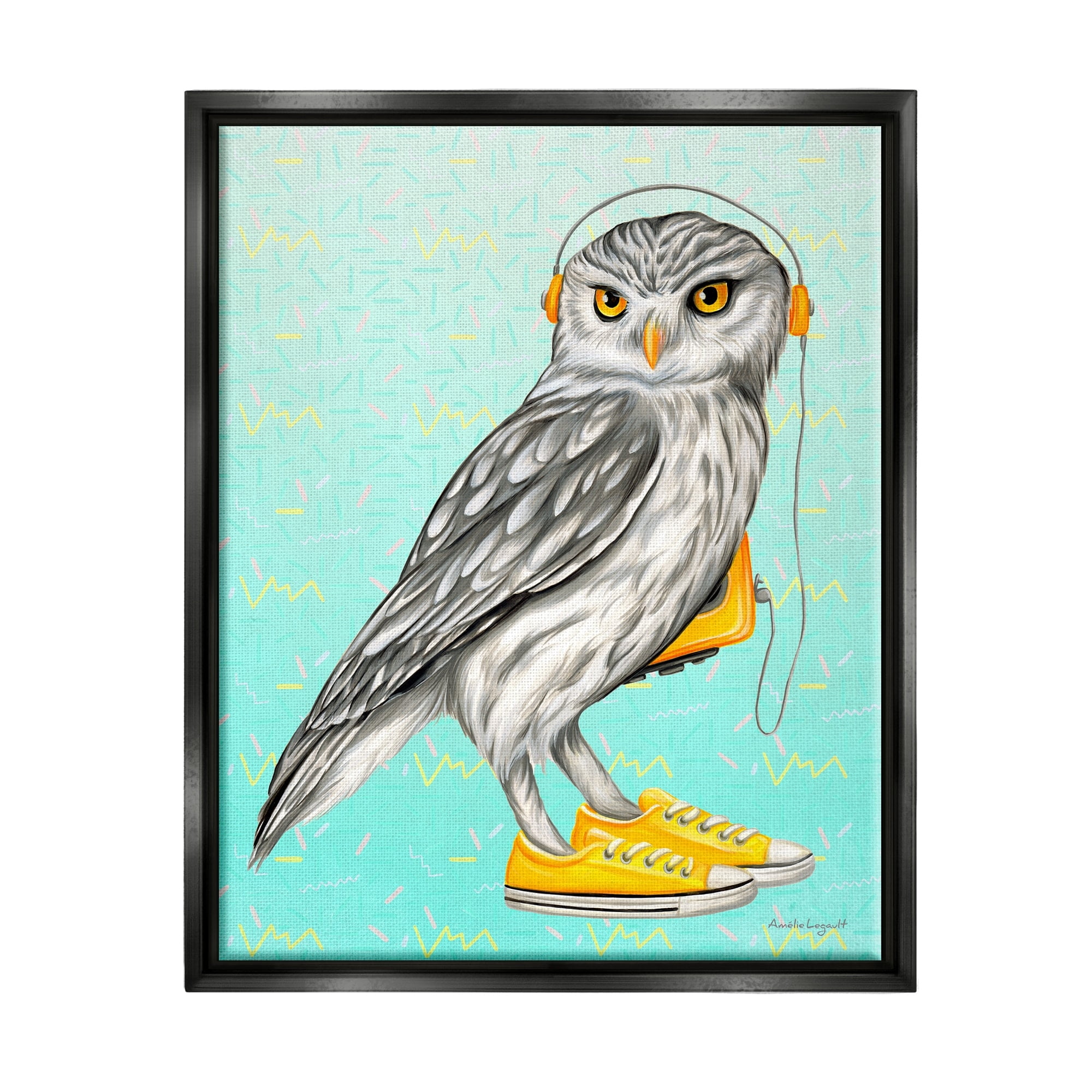 Stupell Industries Owl Wearing Yellow Sneakers Headphones Retro Pattern Graphic Art Luster Gray Floating Framed Canvas Print Wall Art, Design by Amelie Legault