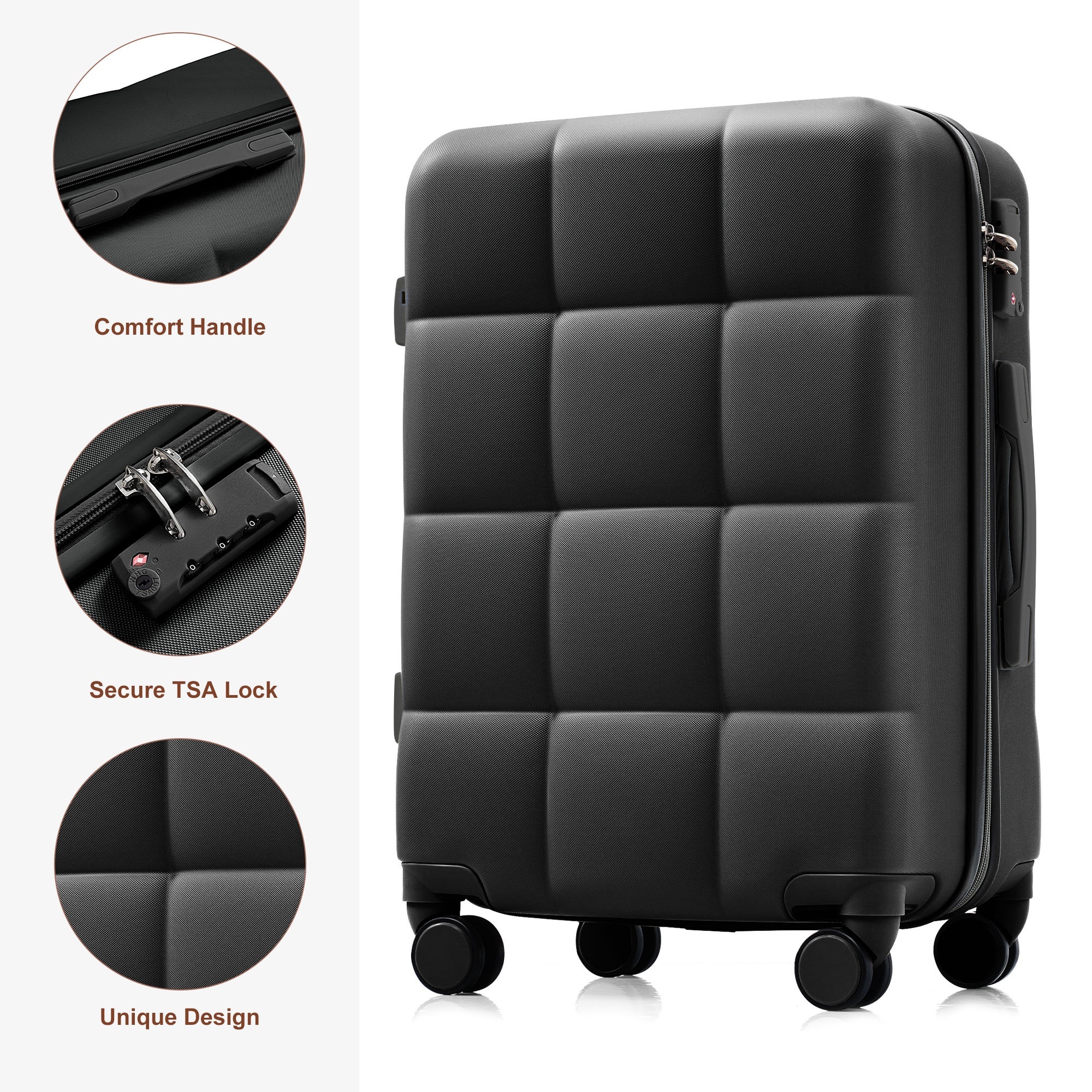 Euroco 4 Piece Luggage Sets, ABS Hardside Durable Suitcase with Travel Bag,Cup Holder, Spinner Wheels and TSA Lock for Travel(20"/24"/28"),Black