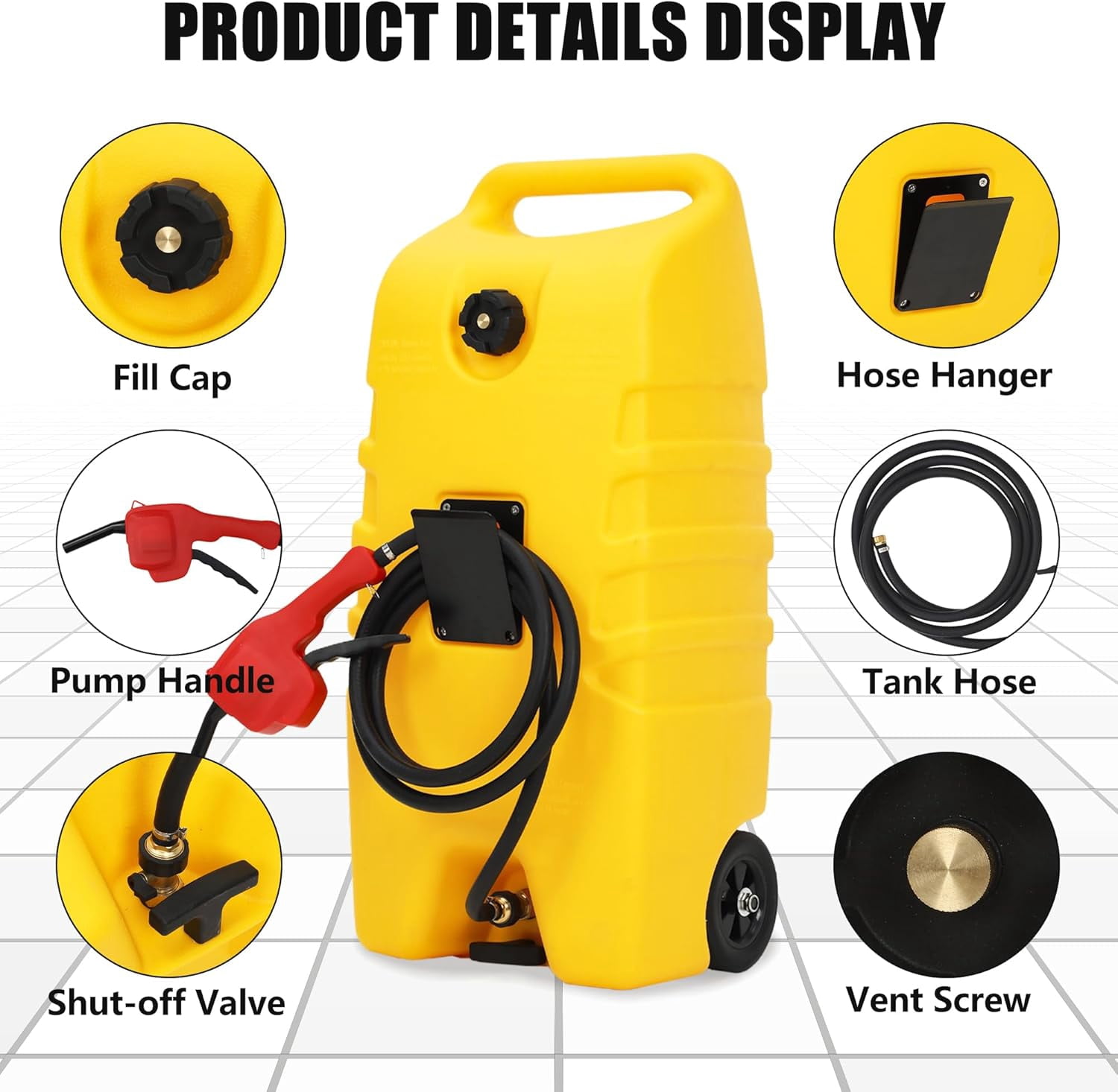 14 Gallon Portable Fuel Tank with Wheels, Red Gas Caddy with Manual Siphon Pump & 10FT Hose, T-Handle for Easy Carry, Included for Cars, ATVs, Boats, Generators - Yellow