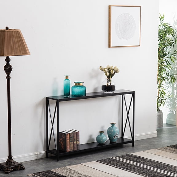 Black Console Tables, 2 Tier Entryway Table with Shelves, Premium Sofa Table Entry Table with Solid Wood Top And Metal Leg, Hallway Long Side Table Wall Table for Dining Room Bedroom Living Room, J572