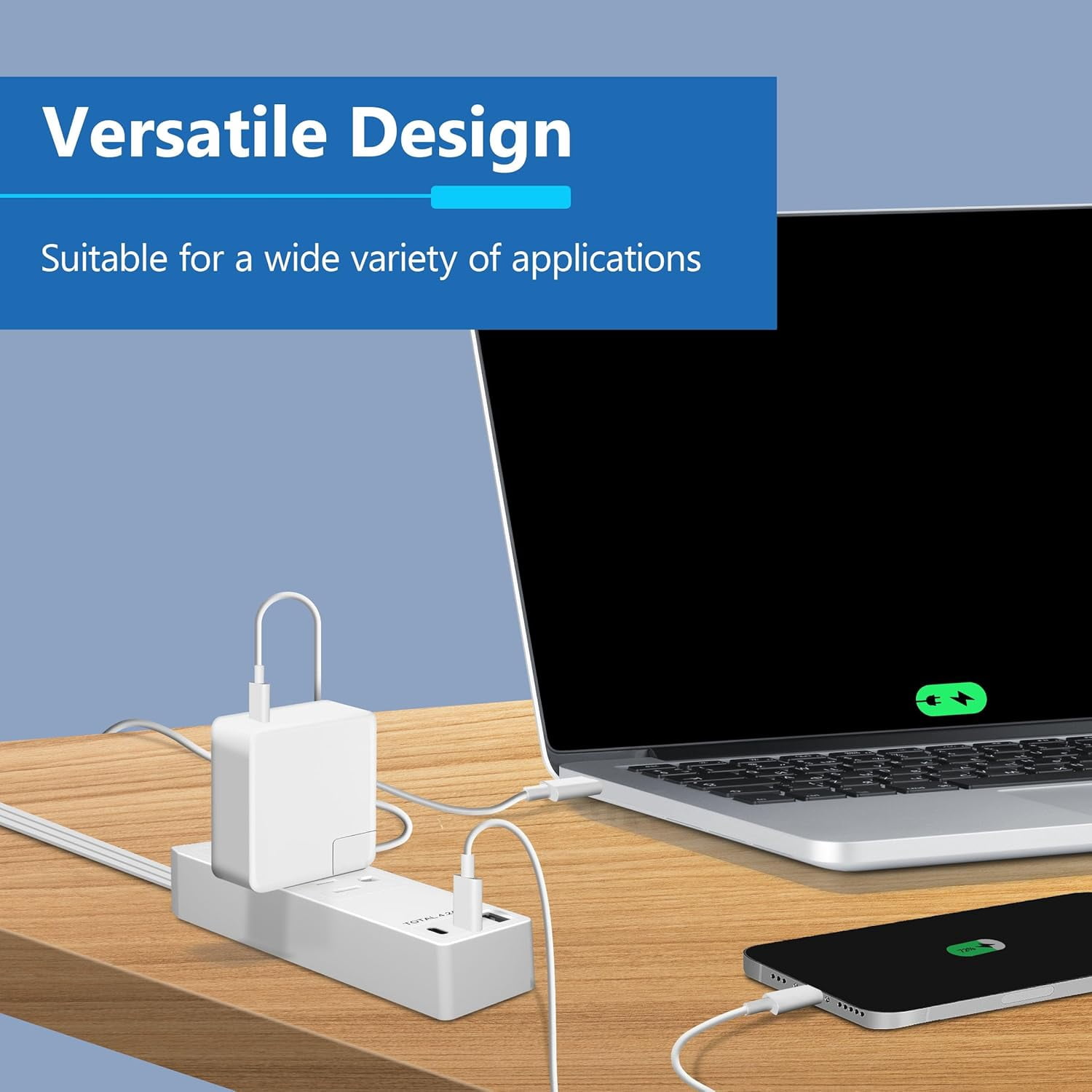 JJEAN-Outlet Extender with 3 Receptacles, USB Type-A and 2 USB Type-C Port, Ultra-Thin Flat-Plug with Cord Extender, 3-Outlet Power Strip, Slim Angled Design, UL-Listed, 5ft Cord, White