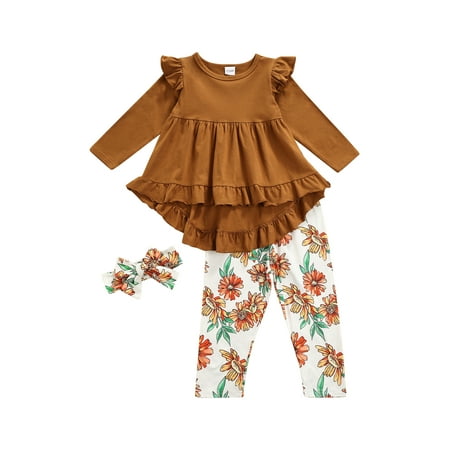 

Baby Girls Clothes Sets Ruffle Long Sleeve Tops and Flower Printed Trousers with Bow Headband