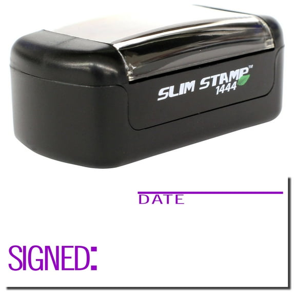 Slim Pre-Inked Signed with Date Stamp, Slim 1444, Ultra Slim Design, Impression Size 1/2" by 1-3/4", Up to 25,000 Impressions - Purple Ink